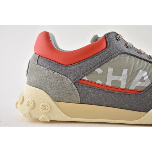 Chanel Mens 18K Grey Orange Nylon CC Logo Lace Up Low Top Trainer Sneaker 44 11 - Picture 4 of 14